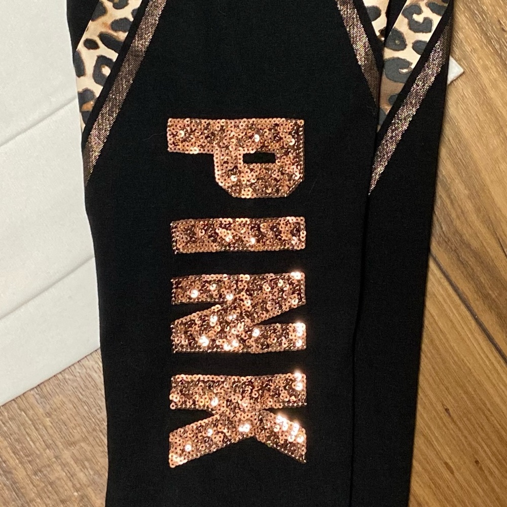 PINK VS COLOR BLOCK LEOPARD CAMPUS CREW PULLOVER W/ BLING LEOPARD YOGA LEGGINGS - Picture 5 of 10